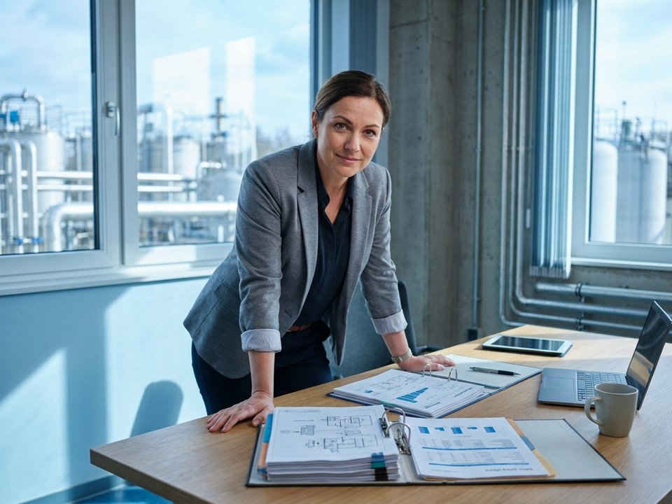 Technical consultant reviewing industrial process documentation at a professional desk