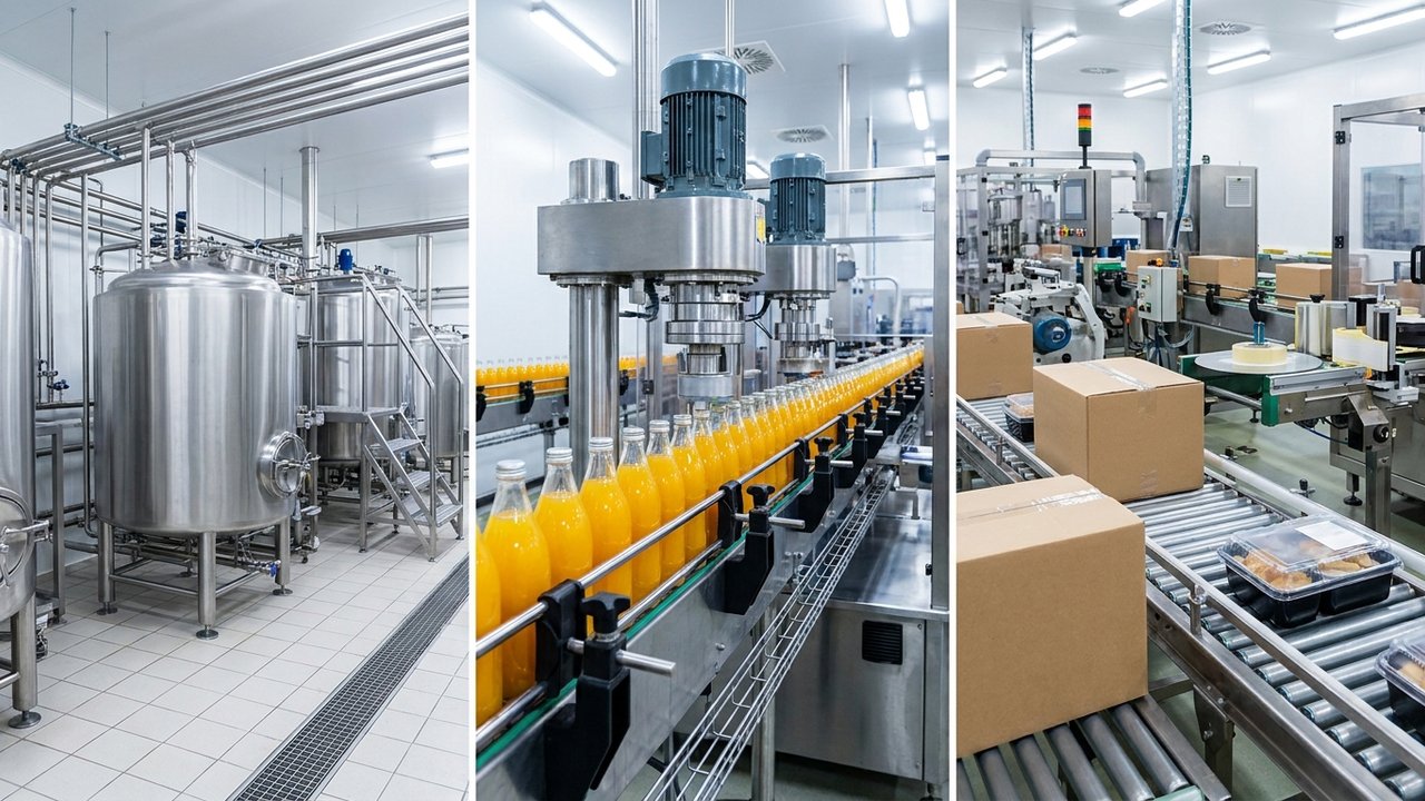 Dairy, beverage and food manufacturing environments showing diverse industrial process settings