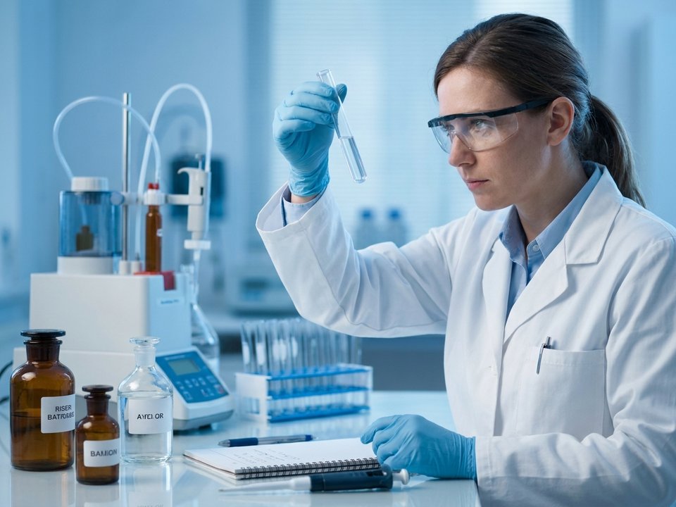 Technical expert analysing water chemistry samples in a professional laboratory environment