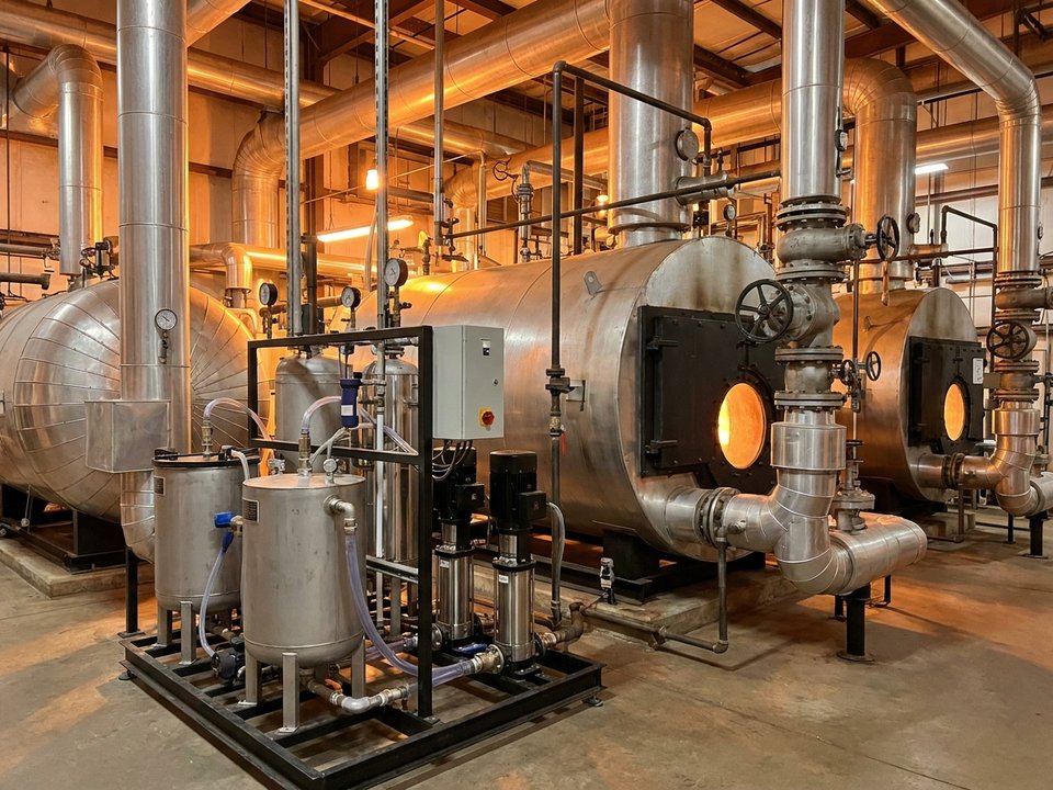 Industrial boiler room with pressure vessels, steam pipework and gauges