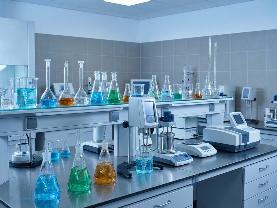Chemistry laboratory with custom formulation development equipment, beakers and analytical instruments