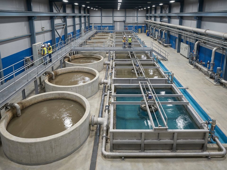Industrial effluent water treatment plant with settling tanks and clarifiers in sequence