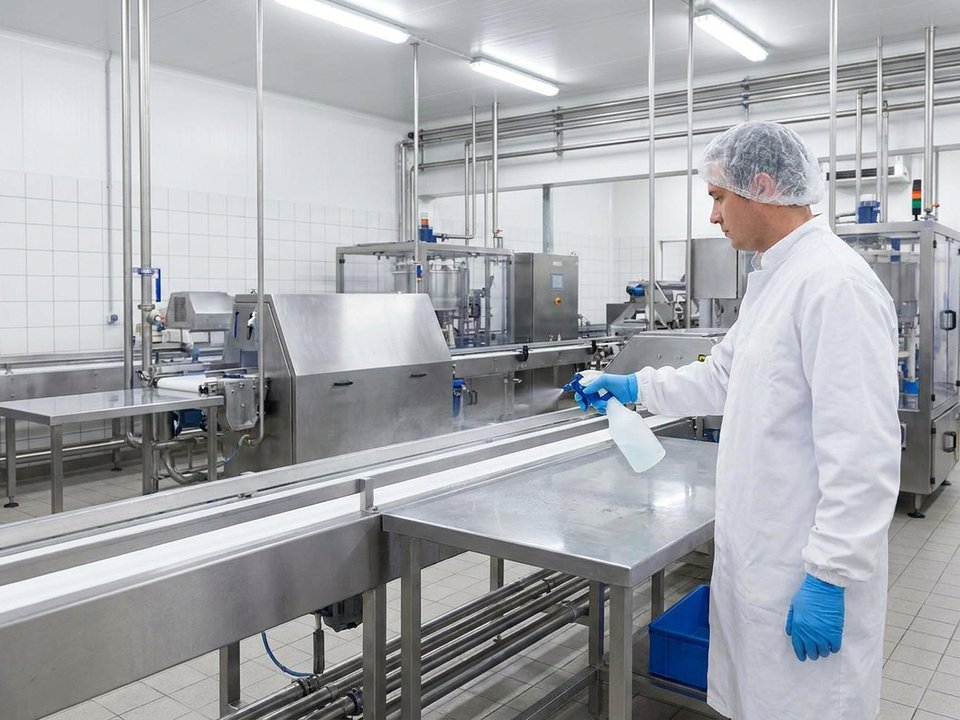 Food processing facility worker in protective equipment sanitising stainless steel surfaces