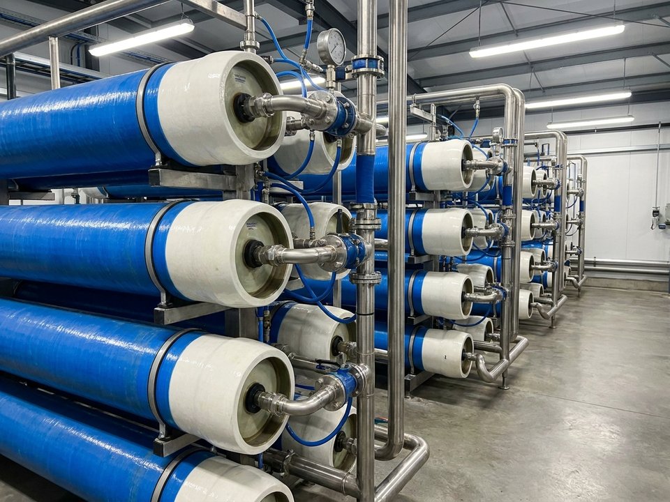 Industrial reverse osmosis membrane filtration modules in a water treatment facility
