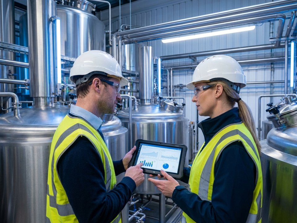 Two technical professionals reviewing process data in an industrial facility